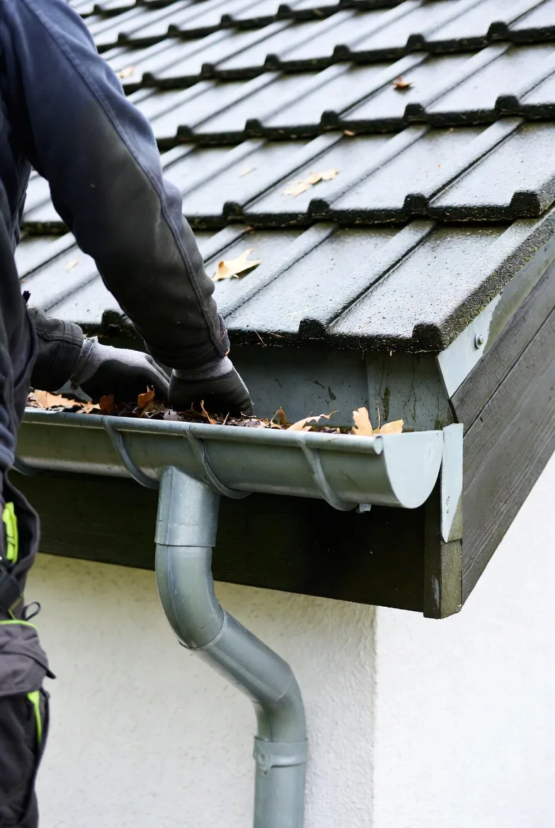 Handwerker reinigt verstopfte Dachrinne an Gründerzeitgebäude in Augsburg