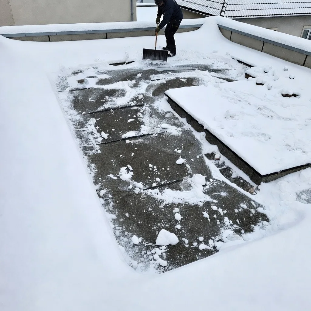 Winterdienst räumt Dachschnee von Hausdach in Augsburg bei starkem Schneefall
